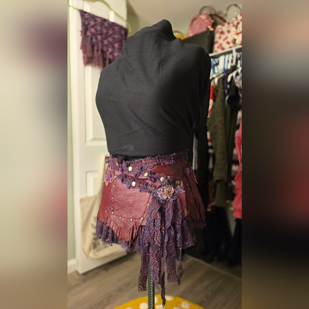 Purple Burgundy Asymmetrical Mini Skirt with Lace Trim